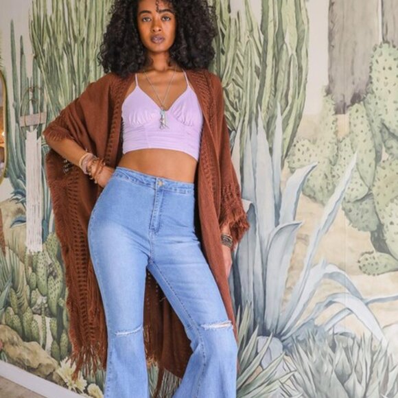 New Bohemian Knit Brown Fringe Long Cardigan Sweater Hippie Top Duster Western - Picture 3 of 3